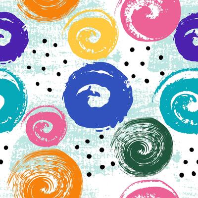 Hand drawn colorful ink circles seamless pattern. Trendy doodles and brush marks. Simple abstract background. Great for textile, fabric, wallpaper, wrapping, scrapbook and packaging