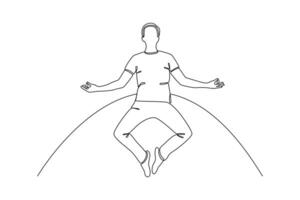 man jumping while meditating continues line vector