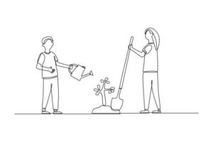 Two people are watering a plant vector