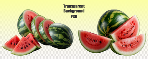 Watermelons are presented in a file with transparent background. The image includes keywords food, Citrullus, watermelon, fruit, melon, ingredient, world, seedless fruit psd