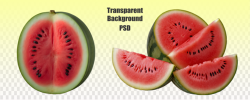 A watermelon is cut in half and sliced, displayed on a seethrough background, showcasing its freshness and vibrant colors psd