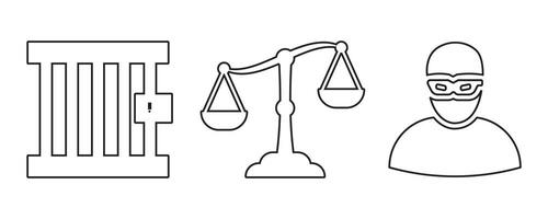 Set Scales of justice in outline, Prison window, Thief mask, illustration on white background. vector