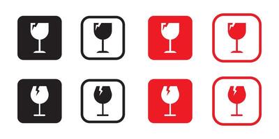 Fragile label symbols set. Broken glass black icons for packaging, collection for stamp or template, vector