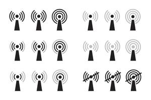 Signal strength WIFI icon set collection. Wireless connection network symbol, Communication tower icon. Antenna transmitting a signal. Symbol of radio, TV signal and mobile communications vector