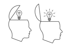 open minded character set with head shape lightbulb in thin line. idea concept use in business, Think outside the box in outline, light bulb in a head, New idea, brainstorming, solution vector