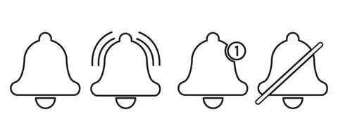 Notification bell outline icon set, On and off alarm and message. Set of ringing bells with new notification. vector