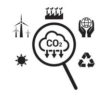 Magnifying glass with reduce CO2 emissions carbon symbol, for climate change to limit global warming and sustainable development and business concept vector