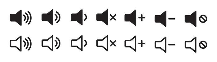 Sound volume icons set with different signal feel and outline levels on white background. Sound icon, volume symbol, speaker sign, audio control icon set. vector