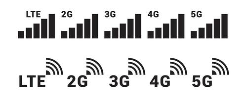 Signal reception bar collection, 2g, 3g, 4g and 5g icons set. Mobile communication. Internet signal. no full range or signal icon set vector