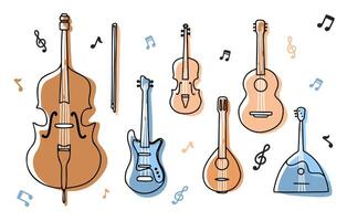 Line Art Music Instruments Set in Flat Style Guitar, Violin and Cello, Balalaika and Mandoline vector