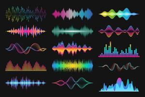 A set of colorful abstract audio visualizations on a black background. Various types of sound waves and equalizers in vibrant tones. Suitable for use in music projects, podcasts and other multimedia vector