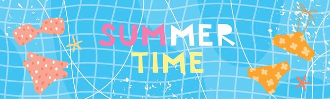 Summertime header. Trendy illustration with swimwear and sea stars on the pool background for poster, card, banner, invitation. Sunny card in naive style. vector