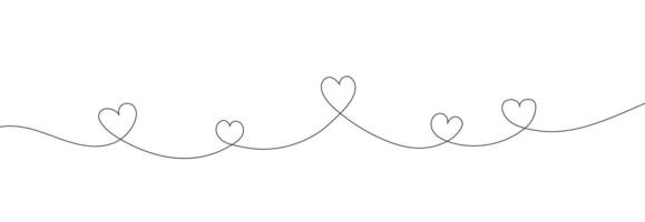 Line art hearts hand drawn. Hearts in single continuous line drawing style for logo or emblem. Border with some hearts. vector