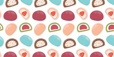 Mochi seamless pattern. Japanese Mochi with different fillings on white background. Asian sweet food. For clothes, background, print, package. Japanese Mochi in rice dough. vector
