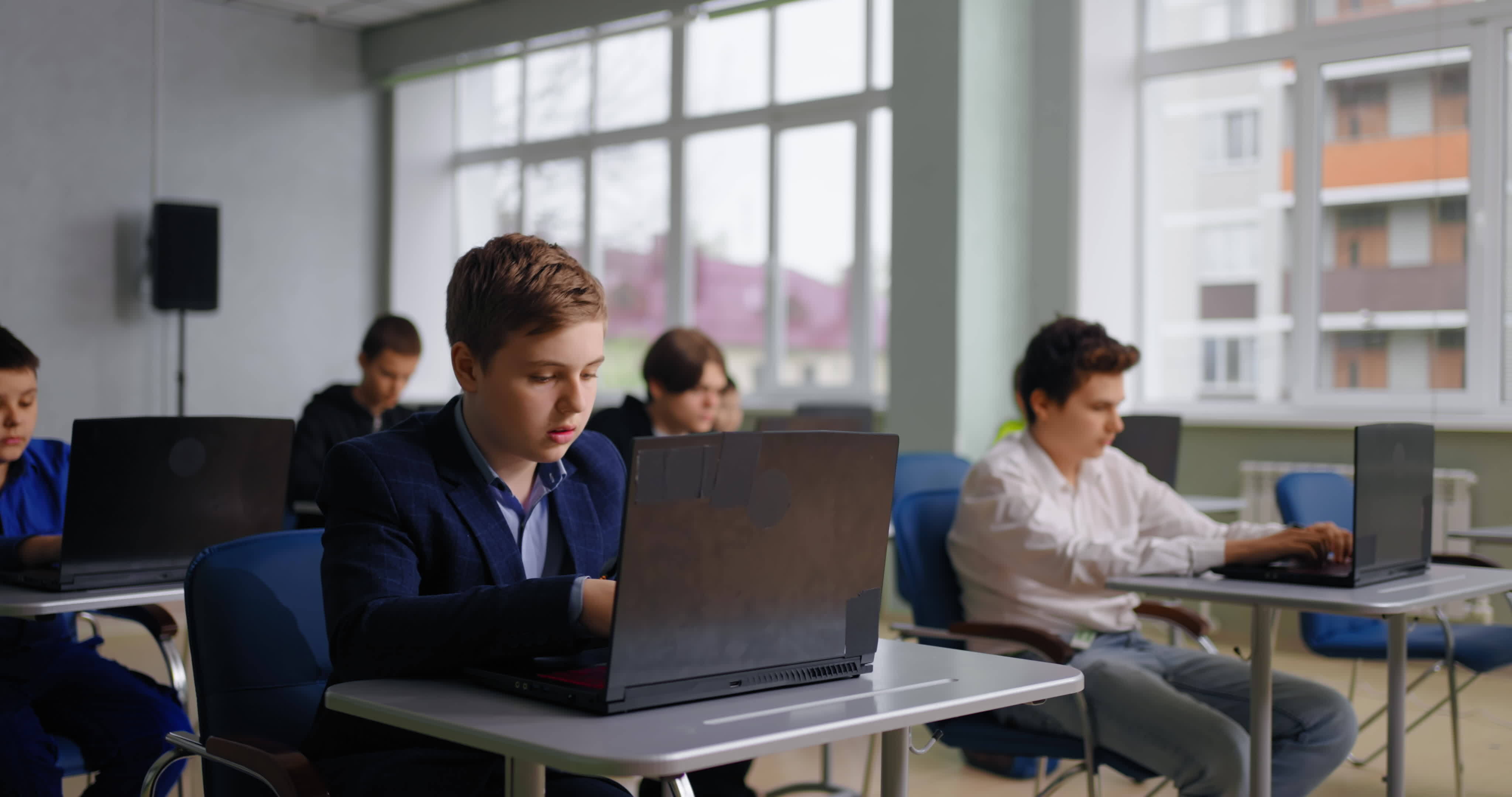 Diverse School Students Boys Learning Programming Language In Coding ...