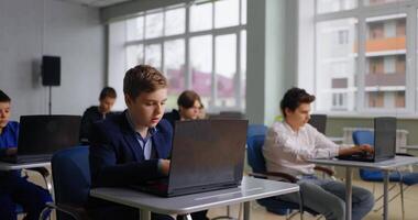 Diverse School Students Boys Learning Programming Language In Coding Classes, Teenagers With Laptops video