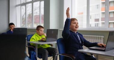 Smiling Schoolboy Asking Teacher In Lesson, School Students Sitting In Computer-Based Class video