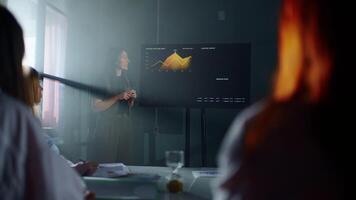 Woman Financial Analyst Showing Report Of Sales And Profits On Digital Display For Co-Workers video