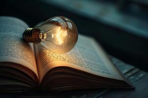 Illuminated ideas - light bulb on open book photo