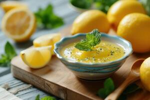 Fresh homemade lemon curd with mint garnish photo