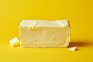 Fresh butter block on yellow background photo