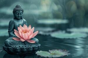 Serene buddha statue with lotus flower on water photo