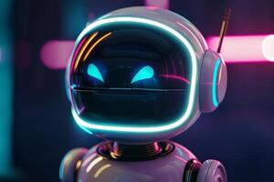 Futuristic robot head with glowing neon lights photo