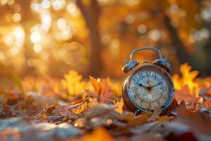 Autumn time concept with vintage clock in leaves photo
