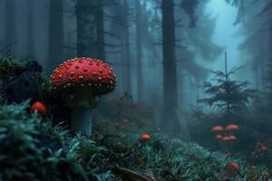 Vivid red mushroom stands out in a misty, magical forest setting at dusk photo