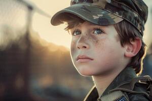 Thoughtful young boy in camouflage cap at sunset photo