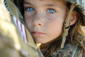 Tender moment of a child with soldier photo