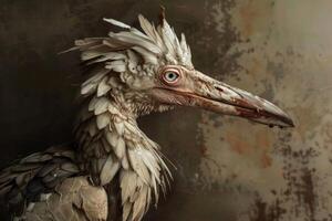 Artistic representation of a mythical bird with feather detail against a textured backdrop photo