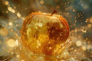 Vibrant image of an apple causing a splash, surrounded by shimmering golden droplets photo