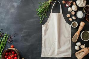 Blank chef apron with fresh cooking ingredients on dark background photo