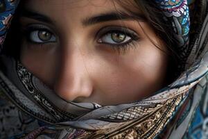 Mesmerizing gaze, closeup of woman with patterned scarf photo