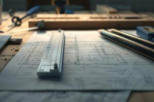 Architectural blueprint with tools on desk photo