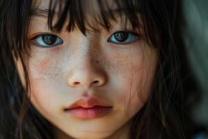 Expressive portrait of a young child with freckles photo