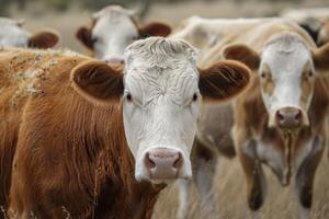 Closeup shot of a cow facing the camera with a herd in the background photo