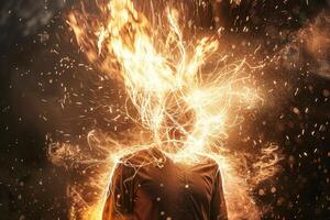 Man experiencing intense burning sensation in head with sparks photo