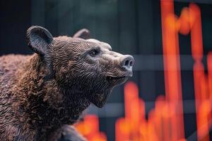 Bear market bear figurine looking at declining stock chart photo