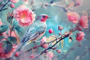 Beautiful colorful bird sitting on a branch covered with pink flowers and green leaves in spring photo