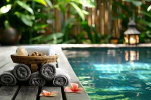 Relaxing atmosphere at the spa with rolled up towels near a swimming pool photo