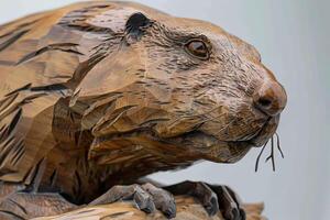 Close up of a wooden beaver sculpture resting on a log photo