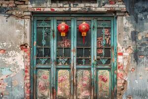 Old turquoise door with red lanterns is showing decades of age and weathering photo