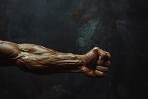 Bodybuilder showing powerful biceps and tight fist on dark background photo