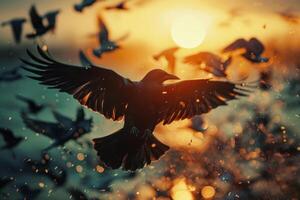 Black raven flying with wide open wings at sunset with other birds in the sky photo