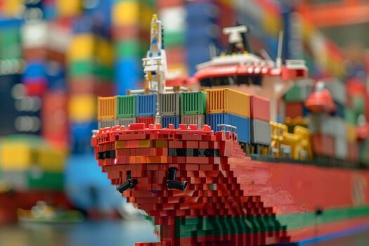 Toy container ship model with colorful intermodal containers on the deck is moored in dry dock photo