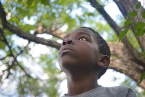 Young boy standing in the forest looking up with wonder photo
