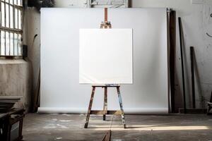 White canvas standing on easel in an empty art studio with sunlight shining through the window photo