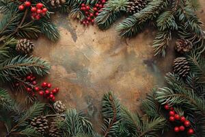 Christmas background with fir branches creating copy space on grunge background photo